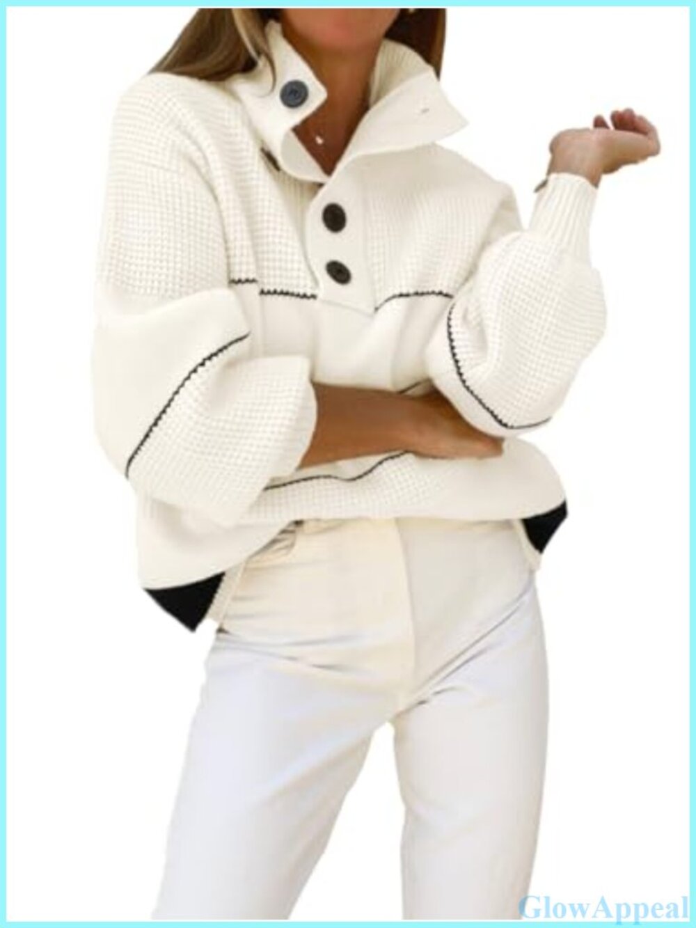 Oversized Waffle Knit Sweater Half Button Polo Collared Pullover